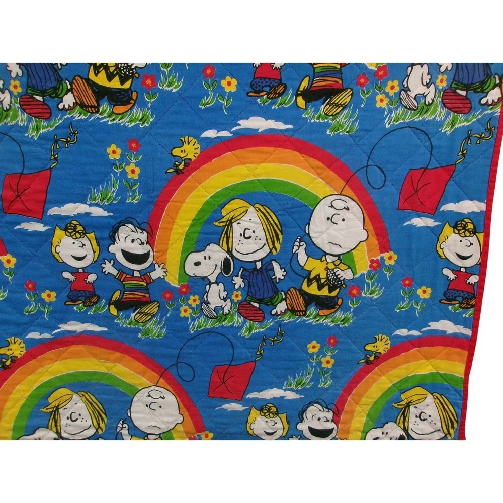 Vintage Peanuts Snoopy Charlie Brown Rainbow Quilted Bedspread Twin Reversible
